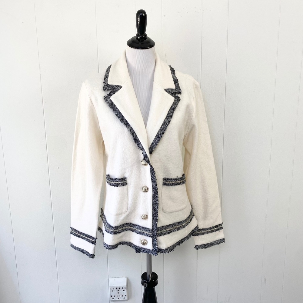 Karl Lagerfeld Paris Cream Wool Blend Tweed Trim Knit Blazer Jacket SZ L 22" PTP